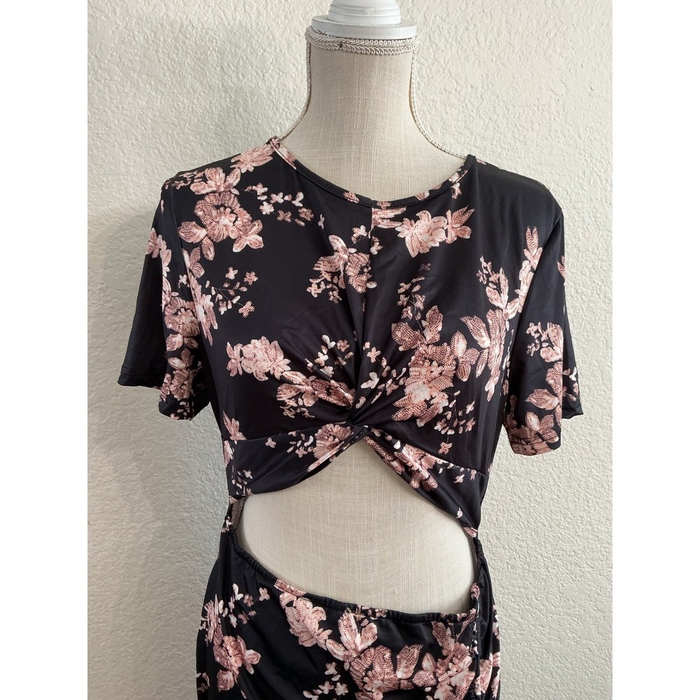 SHEIN SXY Midi Dress XL Black Pink Floral Cutout Ruched Side Slit Twist Front - Picture 4 of 10